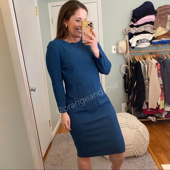 VINCE. Teal Blue Crewneck Long Sleeve Knee Length Bodycon Sheath Mini Dress L - Picture 5 of 13